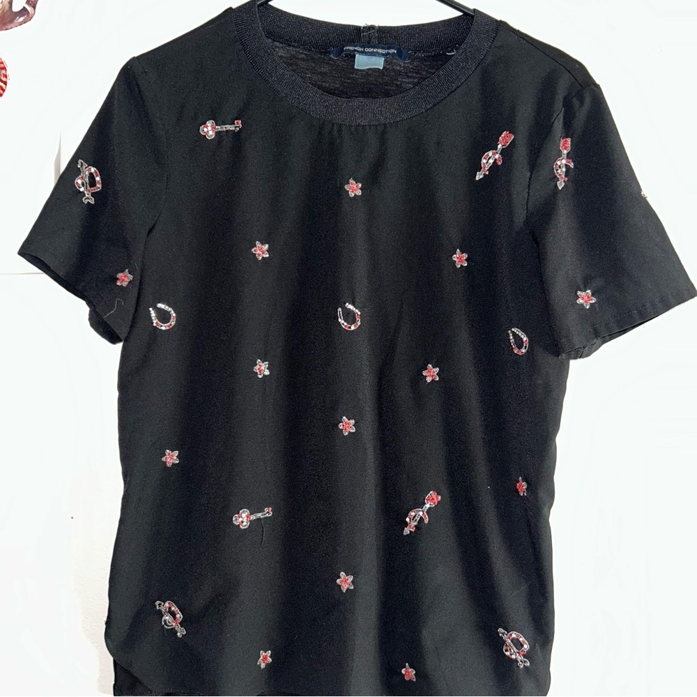 French Connection Black Top with Red Embroidery